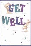 This cheerful get well card shines with playful optimism and comfort, brought to life by two affectionate characters-a teddy bear, warmly drawn, and an exuberant puppy-every detail exuding heartfelt support. Each holds or balances the oversized, colourful 'Get Well' lettering, shaded in striking indigo, teal, and purple, commanding attention atop a soft cream background reminiscent of peaceful Keston mornings. Tiny stars glimmer in gentle blue and purple tones, sprinkling the card with hope and whimsy, much like bright dew on Hayes Common grass. The bear's fur and the puppy's ears are illustrated so vividly, one almost feels their soothing softness-a perfect compliment to the familiar touch of locally delivered blooms. The entire composition evokes encouragement and sincere care, ideal for pairing with a bespoke bouquet to bring comfort to anyone in Keston embarking on recovery or seeking warmth and positivity.